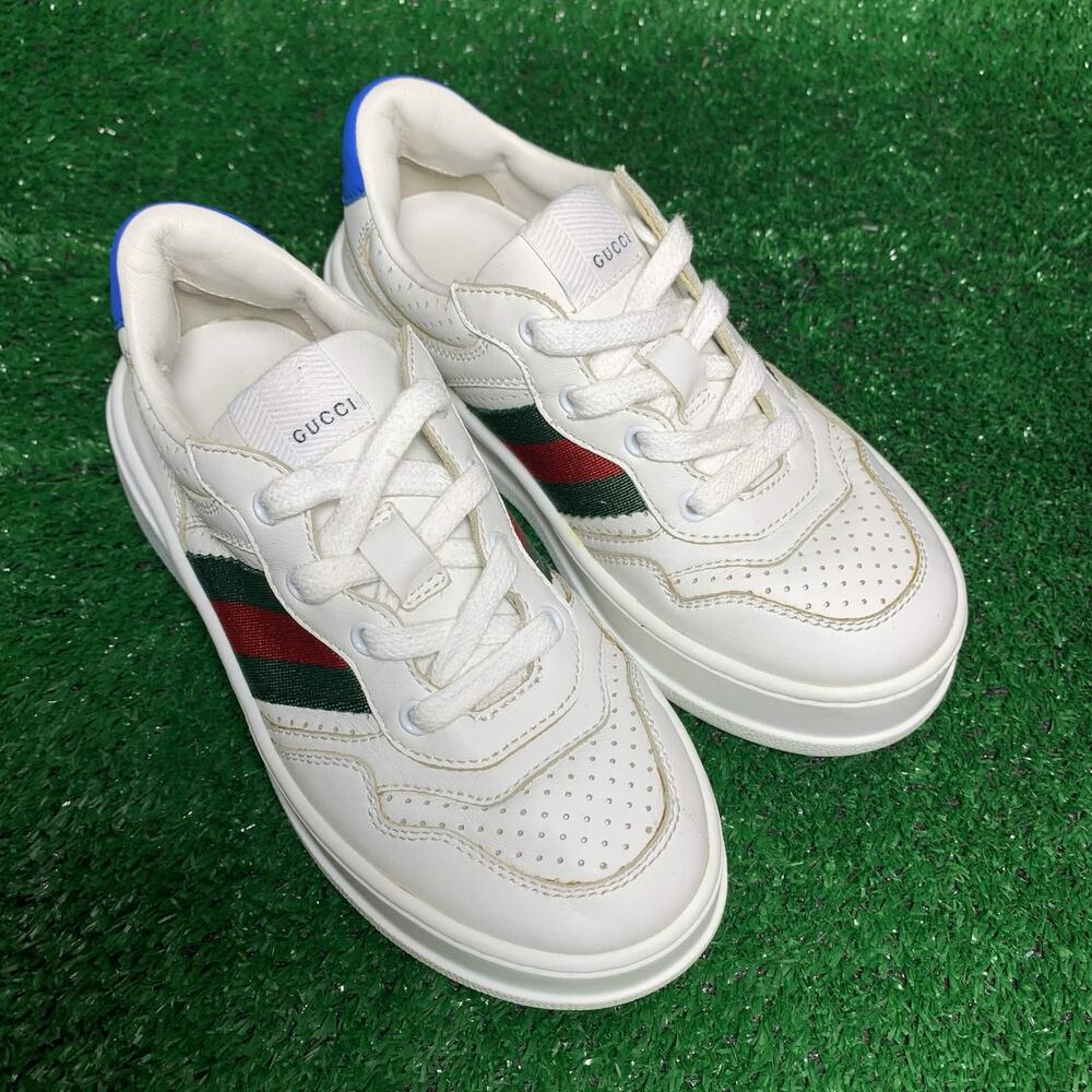 Gucci Kids Web Stripe Platform Sneakers White Leather EU 28 US 11